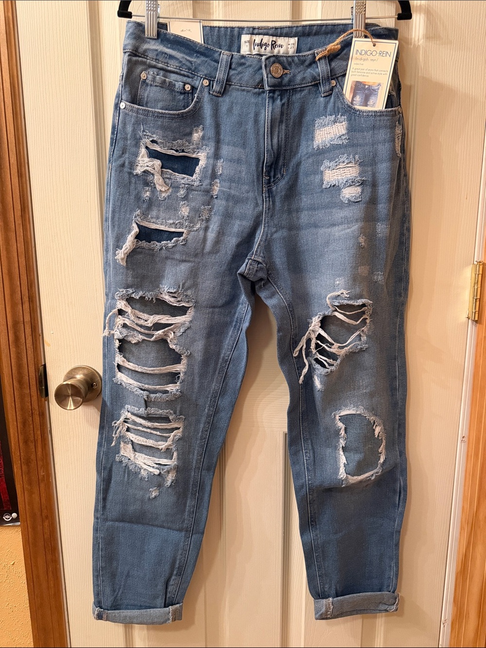 Indigo Rein Women’s Distressed Light Blue Relaxed Jeans